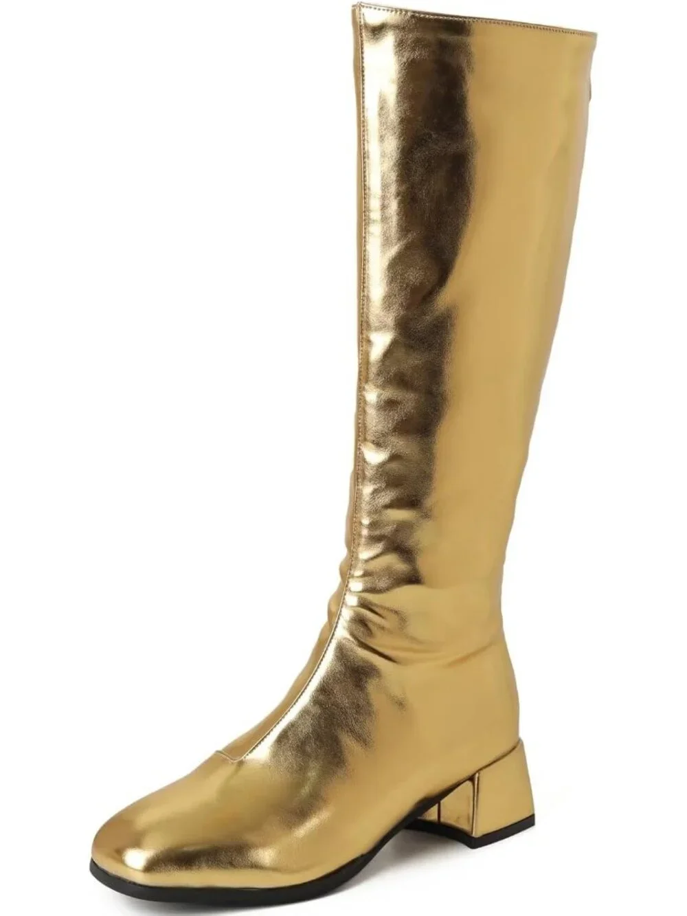 Women's Gold Chunky Low Heel Square Toe Full Back Zipper Knee High Boots